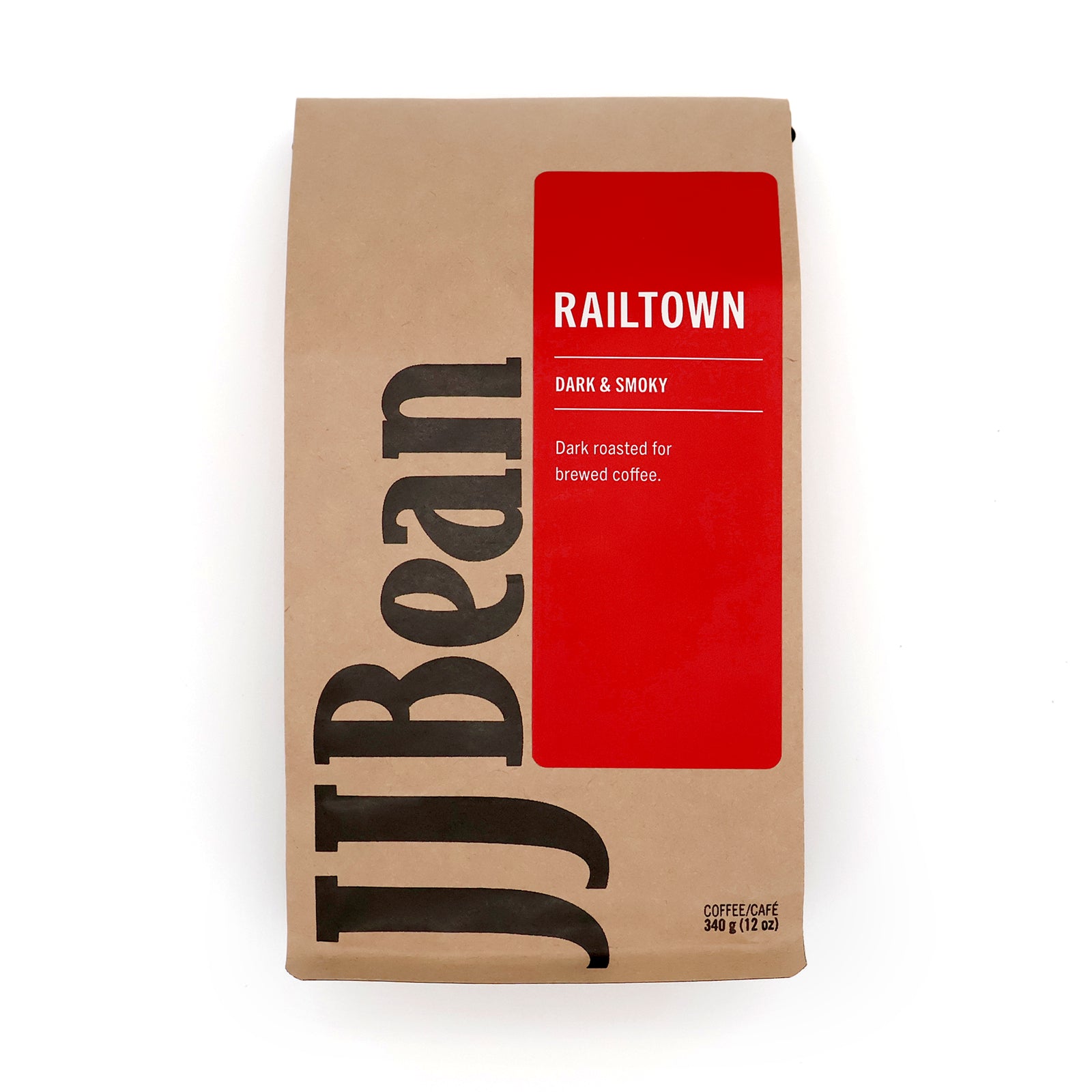 A 350g bag of JJ Bean Railtown blend coffee. Dark Roasted and smoky